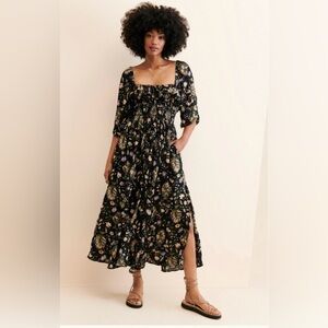Free People Oasis Printed Midi Dress L NWT Boho Floral Smocked Puff Sleeve